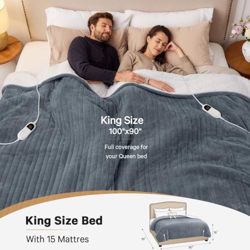 Heated Electric Blanket King Size, Dual Control 90" x 100", Ash Gray