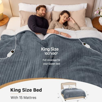 Heated Electric Blanket King Size, Dual Control 90" x 100", Ash Gray