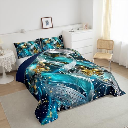 jejeloiu Teal Blue Butterfly Comforter Set Toddler Size Kids Butterfly Stripe Bedding Set for Boys Girls Teens Glitter Duvet Breathable Animal Quilt Bedroom Decor,1 Comforter with 1 Pillowcase