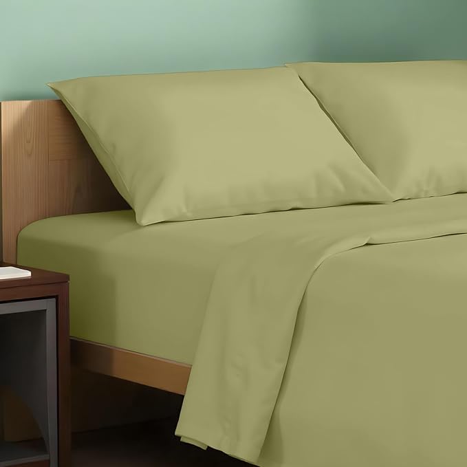TEXAS LINEN CO. 100% Organic Cotton Sheets California King Size - 4 PC Organic Cotton Cal King Size Percale Sheet Set, Soft, Cooling & Crisp, 16" Deep Pocket Hotel Quality Bedding Set - Sage Green
