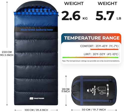 Cotton Flannel XXL Winter Sleeping Bags for Adults Big and Tall,Cold Weather 90x39 Inch Camping Sleep Bag,Waterproof Machine Washable 4 Season Outdoor Camping Gear,2-Way Zipper