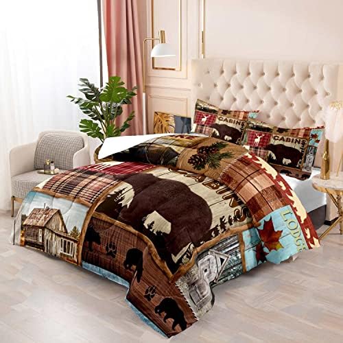 LUVIVIHOME 2PCS Deer Bear Cabin Comforter Set, Twin Comforter, Elk Moose Forest Animal Wildlife Hunting Hunter Red Buffalo Plaid Patchwork Quilt Country Lodge Rustic Farmhouse Bedding, 1 Pillow Sham