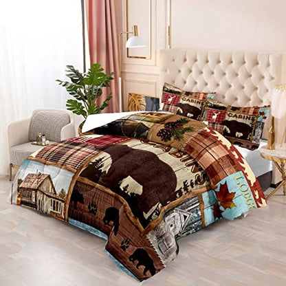 LUVIVIHOME 2PCS Deer Bear Cabin Comforter Set, Twin Comforter, Elk Moose Forest Animal Wildlife Hunting Hunter Red Buffalo Plaid Patchwork Quilt Country Lodge Rustic Farmhouse Bedding, 1 Pillow Sham