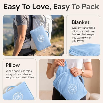 2-in-1 Travel Blanket and Pillow – Lightweight, Compact, Ultra Soft, Machine Washable – Handle, Luggage Sleeve, Backpack Clip – for Travel Airplane, Car, Office (Light blue)