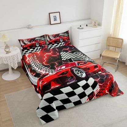 Toddler Race Car Bed for Boys,Red Neon Lights Honeycomb Toddler Bedding Sets for Boys Cool Sports Car Glitter Beehive Geometric Hexagon Comforter Set,Black White Grid Quilt Buffalo Plaid Decor