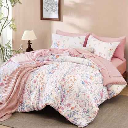 Yiran Pink Floral Comforter Set Full Size, 7 Piece Cute Comforters Bed in a Bag Blush Flower, Soft Coquette Cottagecore Aesthetic Botanical Bedding Set with Sheets for Women Teen Girls