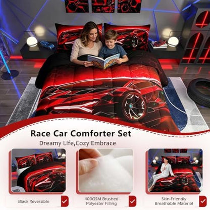 Feelyou Kids Boys Sports Comforter Set Twin Size Red Race Car Comforter for Kids Teens Room Decor Extreme Sports Theme Bedding Set Cool Speed Luxury Car Decor Quilt Set Soft for All Season