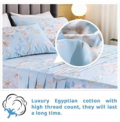 QSH Floral Bed Sheets Set Queen Size - Luxury Bird Butterfly Print Bed Sheet Set - 100% Egyptian Cotton Extra Soft and Breathable - 4 pcs Deep Pockets Flower Bed Sheets
