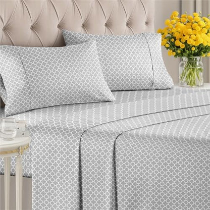 Queen 4 Piece Striped Sheet Set - Soft, Breathable & Cooling - Gray Clover