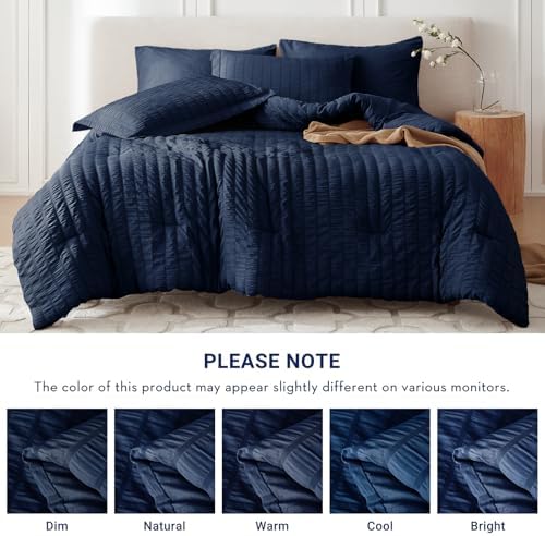 MUXHOMO 7 Pieces Oversized King Comforter Set, Seersucker Bed in a Bag Oversized King Size, All Season Luxury Bedding Set with Comforter, Flat Sheet, Fitted Sheet, Pillowcases & Shams, Navy Blue