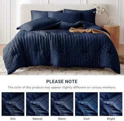 MUXHOMO 7 Pieces Oversized King Comforter Set, Seersucker Bed in a Bag Oversized King Size, All Season Luxury Bedding Set with Comforter, Flat Sheet, Fitted Sheet, Pillowcases & Shams, Navy Blue