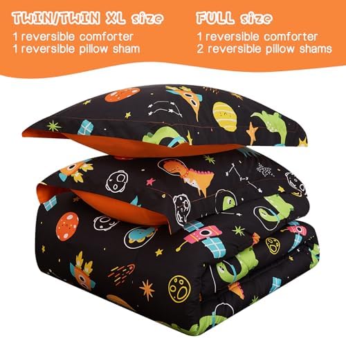 Yibeizi Space Dinosaur Kids Comforter Set for Boys Full Size, Cute Quilted Black Printed Bedding Set with Pillow Sham, Lightweight Soft Breathable Washable Bed Set 3 Piece