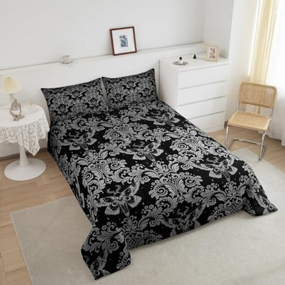 Feelyou White Black Gothic Damask Floral Comforter Set Full Bedding Set