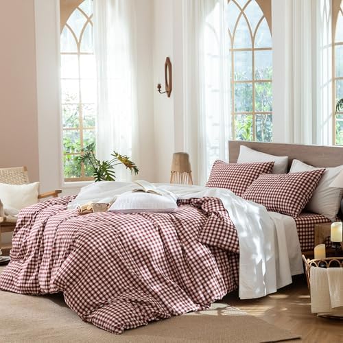 MooMee Gingham Duvet Cover Set 100% Washed Cotton Linen Like