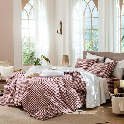 MooMee Gingham Duvet Cover Set 100% Washed Cotton Linen Like
