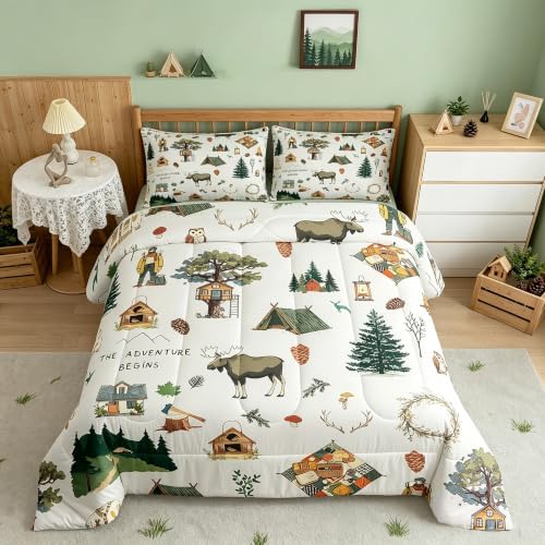 Homewish Cartoon Camper Comforter Set Full Size Jungle Adventure Travel Bedding Set Wild Elk Animals Mountain Trees Quilt Set for Kids Boys Teens Men Bedroom Decor Happy Camping Duvet Insert 3pcs