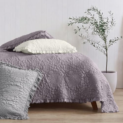 HORIMOTE HOME Shabby Chic Ruffled Quilt King Size,Grey Purple Stone-Washed Microfiber Lightweight Crinkled Farmhouse Rustic Bedding Set, 3 Pieces Reversible Bedspread with Pillow Shams for All Season