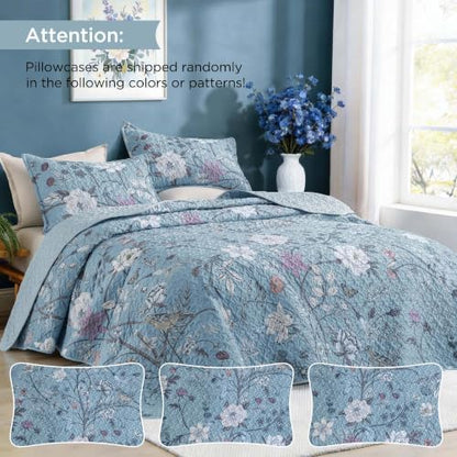 Litanika Floral Light Blue Quilt - 3Pcs Botanical Birds Bedding Set