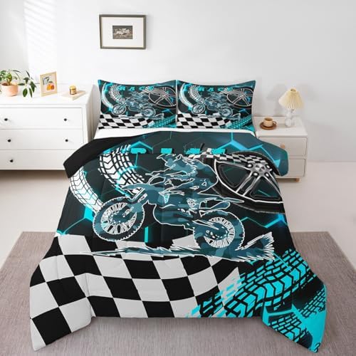 Racing Motorcycle Comforter Set Queen Cyan Neon Lights Honeycomb Bedding Set Dirt Bike Motocross Quilt Glitter Geometric Hexagon Beehive Duvet Insert,Black White Grid Lattice Buffalo Plaid Decor