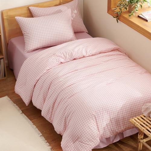 Nayoroom Pink Gingham Comforter Set Twin Plaid Checkered Dorm Bedding