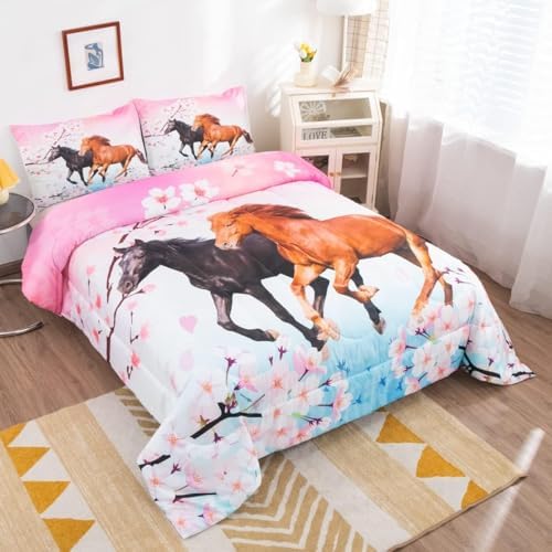 Feelyou Girls Horse Comforter Set Toddler Size 3Pcs for Kids Teens