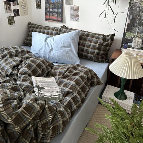 mixinni Vintage Brown & Blue Buffalo Plaid Duvet Cover Set King Size - 3 Piece Washed Cotton Bedding Set with Grid Pattern, Soft & Breathable Duvet Cover with Pillowcases for All Seasons