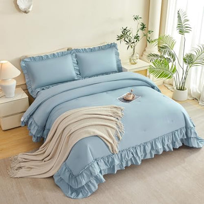 ANGIYUIN Queen Comforter Set - 5 Pieces Ruffle Dusty Blue Bed in A Bag
