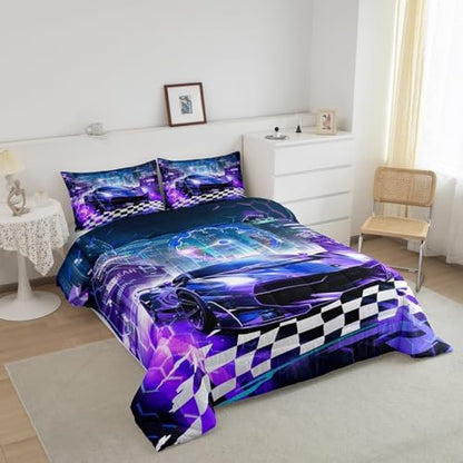 Feelyou Boys Purple Race Car Full Size Bedding Set Kids Racing Car Decor Comforter Extreme Sports Car Comforter Set for Teens Honeycomb Grid Car Comforter Quilt Set Car Room Decorations