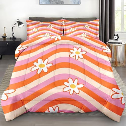 Pamnest Comforter Set Queen Size, Daisy Retro Orange Soft 3 Pcs Bedding for Kids and Adults, Pink Hippie Aesthetic Comforter Set with 2 Pillowcases, for Bedroom Bed Decor