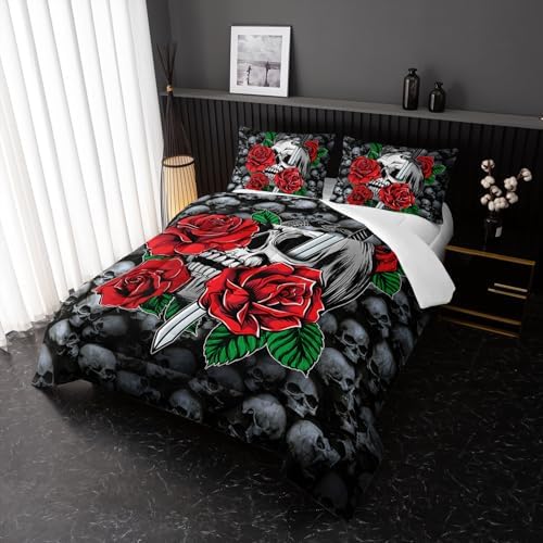 Nttopship Skull Comforter Red Floral Bedding Set,Comforter Set Queen Size,Gothic Skull Print Down Comforter Vintage Flower Rose Comforter Set with Pillowcase, for Bedroom Bed Decor