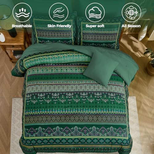 Green Boho Comforter Set King Size,8 Pieces Striped Bed in a Bag