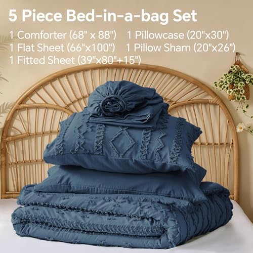BEDELITE Twin XL Comforter Set 5 Pieces,Boho Bed in a Bag,Navy Blue