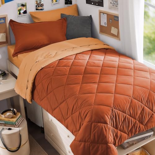 MUXHOMO 5 Pieces Twin XL Comforter Set, Reversible Bed in a Bag Twin XL Size, All Season Bedding Set with Comforter, Flat Sheet, Fitted Sheet, Pillowcases & Shams, Burnt Orange & Camel