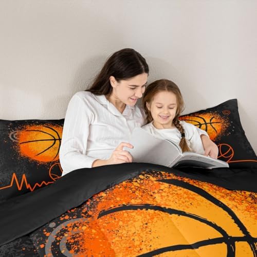 Sports Basketball Comforter Set for Boys Kids Girls 3D Basketball Black Gray Camo Quilt Set,Home Decor Soft Sport Games Bedding Set Hippie Graffiti Orange Teens Duvet Insert King Size 3pcs
