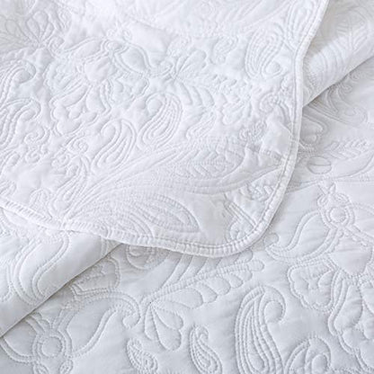 HoneiLife Quilt Set King Size - 3 Piece Embroidered Microfiber Bedspread Reversible Coverlet Lightweight Bedcover Paisley Pattern Bedding Set All Season Quilts-White