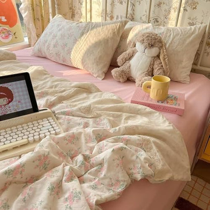 mixinni Vintage Floral Duvet Cover Set - 3 Piece King Size Pink Cottagecore Bedding with Lace Trim, Shabby Chic Bedding Set, Includes 1 Duvet Cover & 2 Pillowcases, Boho Aesthetic for Girls & Dorms