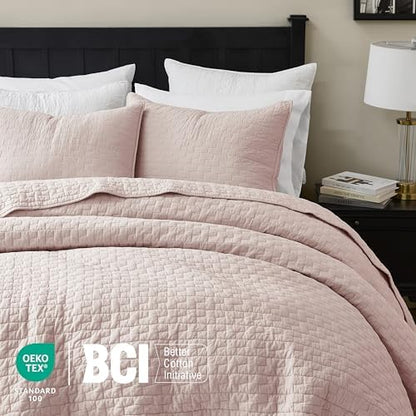 palassio Pink 100% Cotton Quilt King Size Bedding Sets with 2 Pillow Shams, Textured Lightweight Soft Bedspread Shabby Chic Coverlet, Quilted Comforter Bed Cover for All Season, 3 Pieces