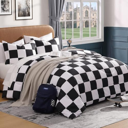 Andency Checkered Comforter Twin XL, Black and White Gingham Plaid Bedding