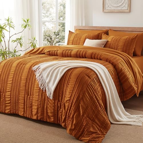 Burnt Orange Tufted Textured Comforter Set King Size, 7 Piece Bed in a Bag，Shabby Chic Boho Bedding for Bedroom Comforter，All Season Soft Microfiber Ruffle Comforter Set with Pillow and Sheets