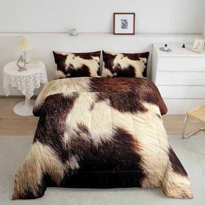 Cowhide Bedding Set King,Brown Beige White Cow Print Comforter Set Western Farm Animal Fur Down Comforter for Kids Teens Men Women Rustic Cowboy Cowhide Quilt Duvet Set 2 Pillow Cases Bedroom Decor