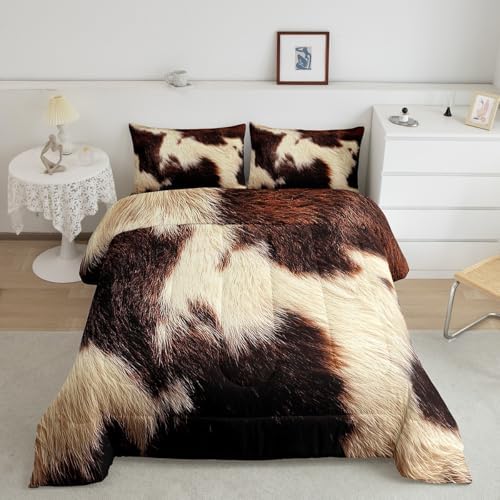 Cowhide Bedding Set Twin,Brown Beige White Cow Print Comforter Set Western Farm Animal Fur Down Comforter for Kids Teens Men Women Rustic Cowboy Cowhide Quilt Duvet Set 1 Pillow Case Bedroom Decor