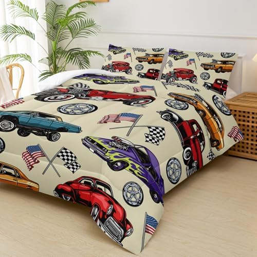 Race Car Comforter Set Queen for Boys, Vintage Race Car Queen Size Bedding, Soft American Flag Comforter, Cars Themed Bedroom Decor,Ideal for Race Car Lovers