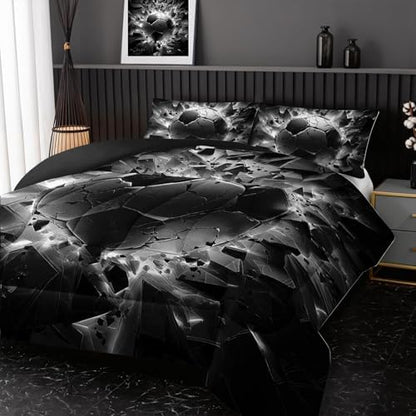 Nttopship Soccer Bedding Comforter Set Queen Size for Kids Teens and Adults, Black and White Football Printed Bedding Sets 3 PCS,Ball Sports Themed Bedroom Decor with 1 Comforter and 2 Pillowcases