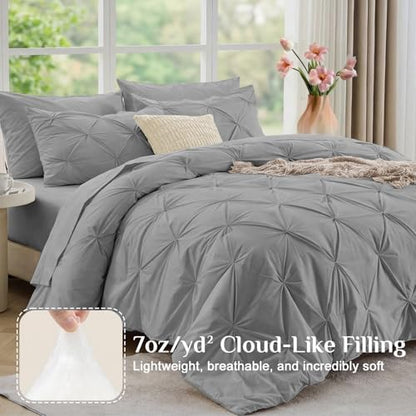 JOLLYVOGUE King Size Comforter Set 7 Pieces - Bed in a Bag King for All Season, Pintuck Bedding Comforter Sets with Comforter, Flat Sheet, Fitted Sheet and Pillowcases & Shams, Light Grey
