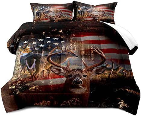 LUVIVIHOME 3PCS Hunting Deer Comforter Set, Camo Comforter, Queen Bed Set, Patriotic American Flag Hunter Woodland Forest Animal Elk Moose Wildlife Cabin Country Rustic Bedding Quilt, 2 Pillow Shams