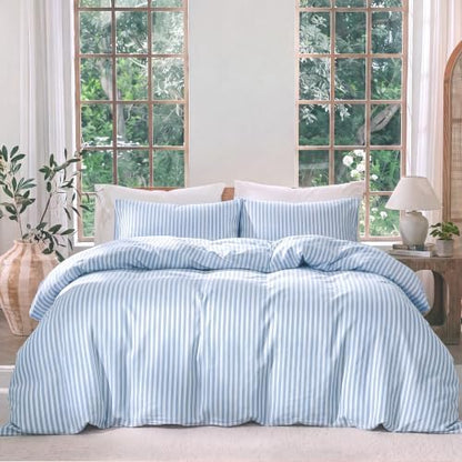 Bedbay Blue Striped Queen Duvet Cover Set, 100% Cotton 300TC Sateen, Light Blue Fine Stripe Bedding, Soft Smooth Breathable Coastal Sateen Set, 3 Pieces