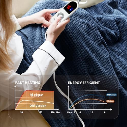 Heated Blanket Electric Throw Waffle, 50x60 Inches Sherpa Fleece Fast Heating Blanket 6 Heating Levels & 4 Hours Auto Off ETL Certification, Navy Throw