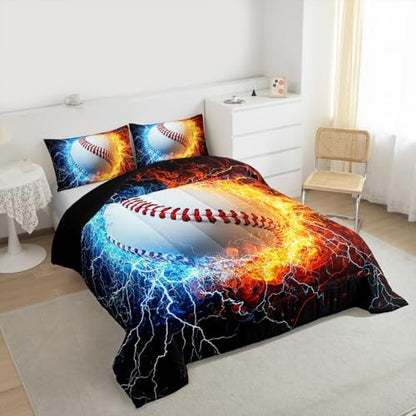 Erosebridal Baseball Comforter for Kids Teens, Sport Theme Bedding Full Size for Boys Softball Quilt Set Ice Fire Print Duvet Set, Ball Gaming Gamer Comforter Set Red Blue Black Bedroom Decor 3Pcs
