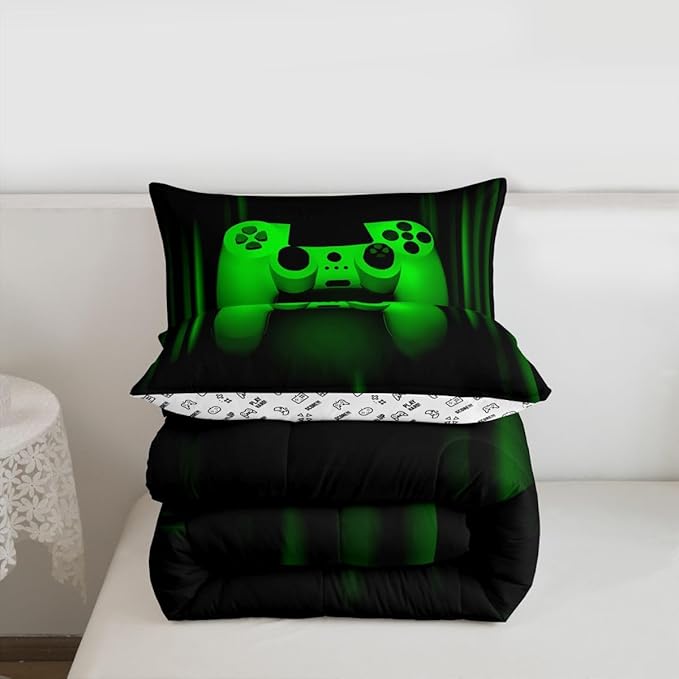 Feelyou Boys Gamer Comforter Set King Size Bedding Set for Kids Gaming Comforter Green Black Video Games Gamepad Room Decor for Teens Child Super Soft Geometric Duvet Quilted Son Grandson Gift