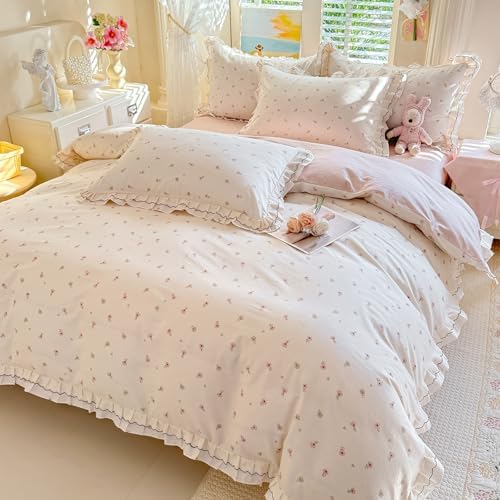 Romantic Ruffle Duvet Cover Set Twin XL, 3 Piece Cute Pink Flower Duvet Cover Girls Floral Cottagecore Bedding Set, Soft 100% Cotton Princess Lace Bedding Botanical Duvet Cover with 2 Pillowcases